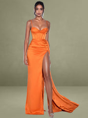 Elayna Orange Strappy Satin Corset High Slit Gown