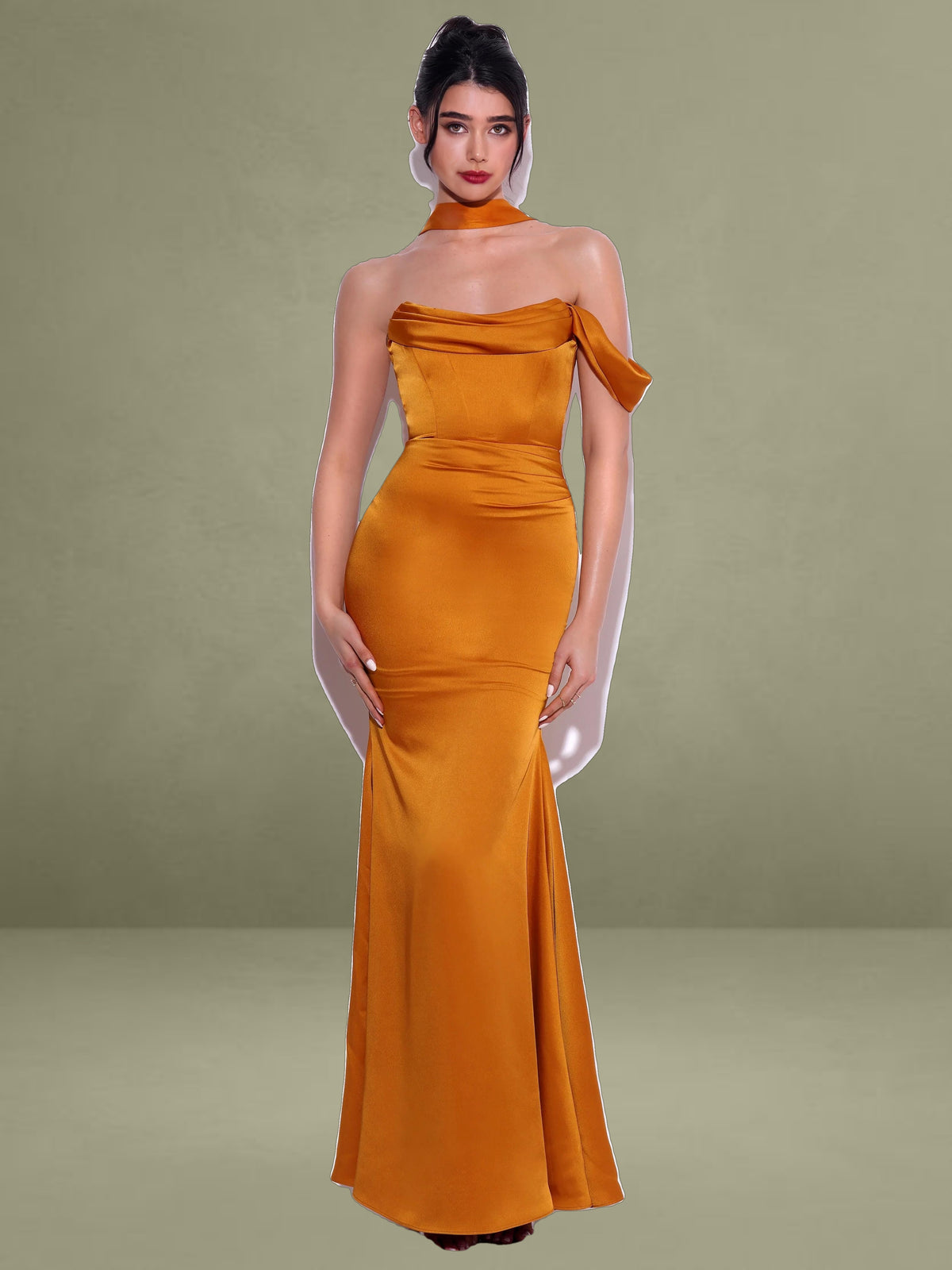 Ivona Gold Halter Neck Double Duchess Satin Gown