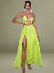 Quinby Lemon Chiffon Pleated Lace Up Maxi Dress