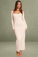 Beige Long Sleeve Bodycon Dress