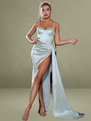 Vanity Mint Satin High Slit Draping Corset Gown With Crystals
