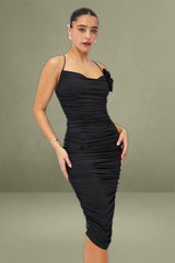 Black Bodycon Midi Dress Rose Strappy Rosette Gathered