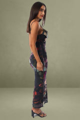 Black Floral Bodycon Dress Singlet Cowl Neck Maxi