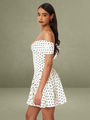 Edeline Polka Dot Off-shoulder Pleated Mini Dress