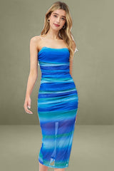 Blue Print Maxi Dress Strapless Ruched Ombre Mesh Bodycon