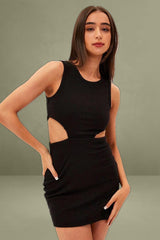 Black Mini Dress Sleeveless Round Neck Cut Out