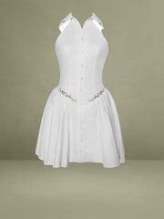 Hailey White Embroidered Collared Halter Drop Waist Mini Dress