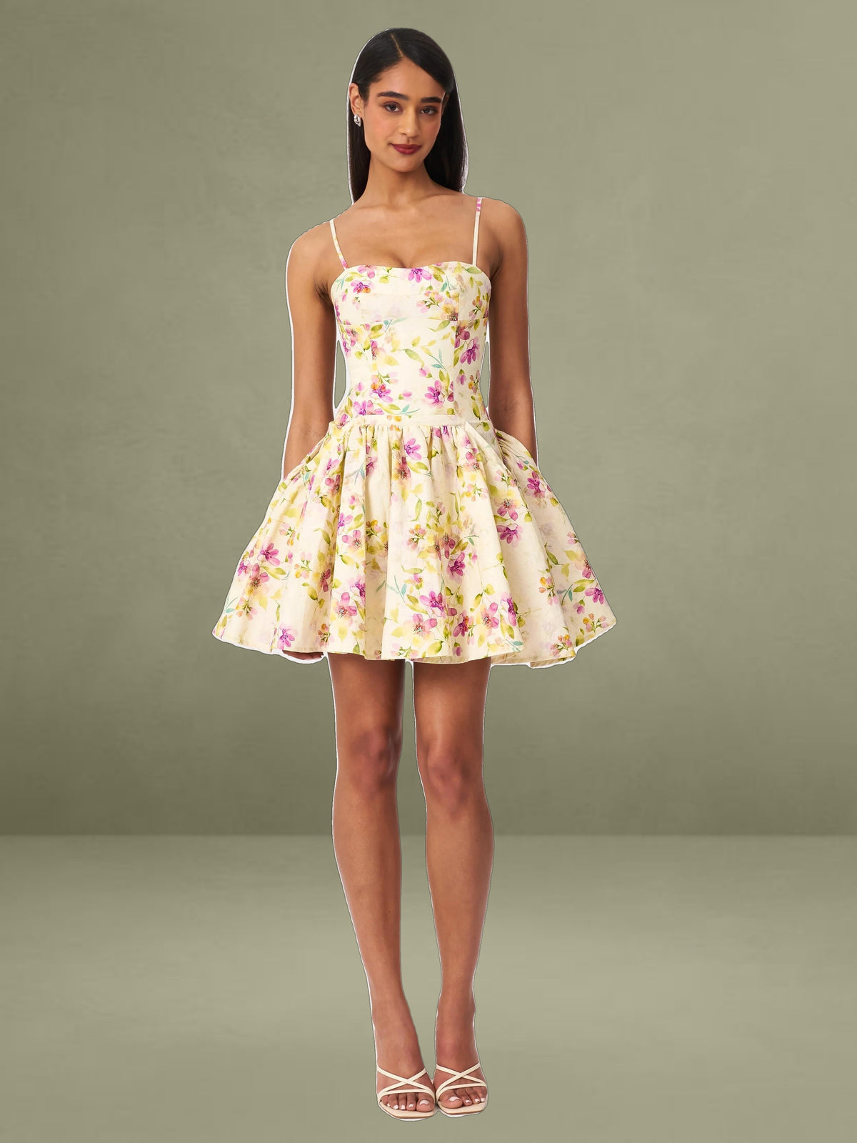 Valda Yellow and Pink Print Linen Mini Dress with Pockets