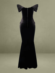 Qamra Black Velvet Off Shoulder Mermaid Maxi Dress