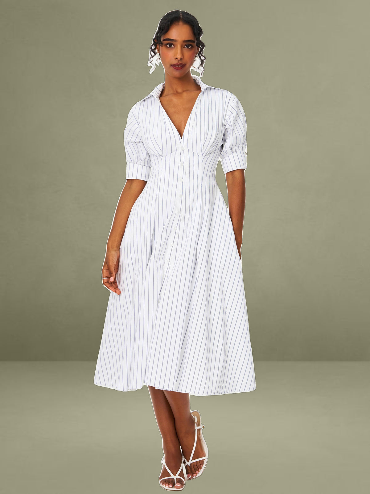 Palina Pinstripes Cotton Poplin Pleated Midi Preppy Shirt Dress