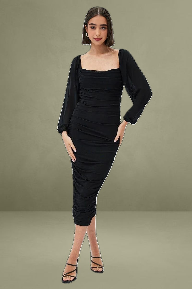 Black Midi Dress Long Sleeve Square Neck Ruched Bodycon
