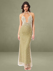 Ginny Pear Green Pearl Embellished Backless Gown