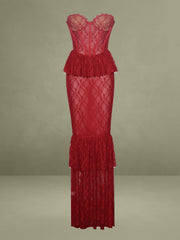 Quennell Burgundy Lace Corset Maxi Dress