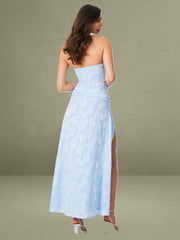 Baby Blue Jacquard Textured High Slit Maxi Dress