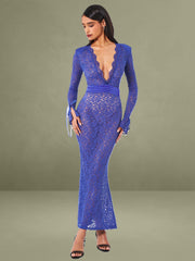 Giada Navy Lace Deep V Long Sleeve Maxi Dress