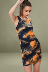 Multi Ribbed Tie Dye Racer Neck Ruched Dress