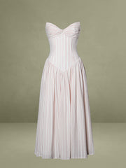 Pink Stripe Ruched Breast Cotton Jacquard Midi Dress