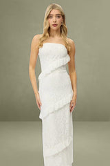 White Bodycon Midi Lace Boob Tube Dress with Ruffle