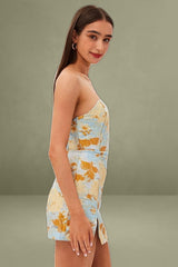 Blue Floral Mini Dress Strapless Bodycon