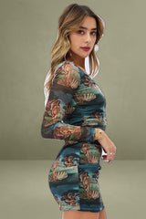 Multi Print Mini Dress Long Sleeve V-Neck Bodycon Ruched Waist