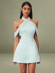 Zafrina Light Cyan Halter Off-shoulder Backless Mini Dress