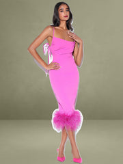 Fiona Fuchsia Feather Trim Bottom Maxi Dress