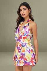 Multi Floral Ruffle Halter Neck Watercolor Print Dress