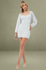 White Floral Midi Dress Long Sleeve Gathering Bust