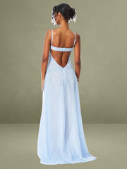 Wallie Baby Blue Rhinestone Embellished Mesh Backless Gown