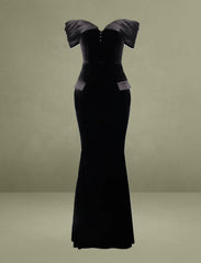 Qamra Black Velvet Off Shoulder Mermaid Maxi Dress