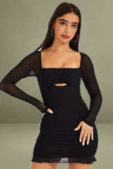 Black Bodycon Dress Ruched Mesh