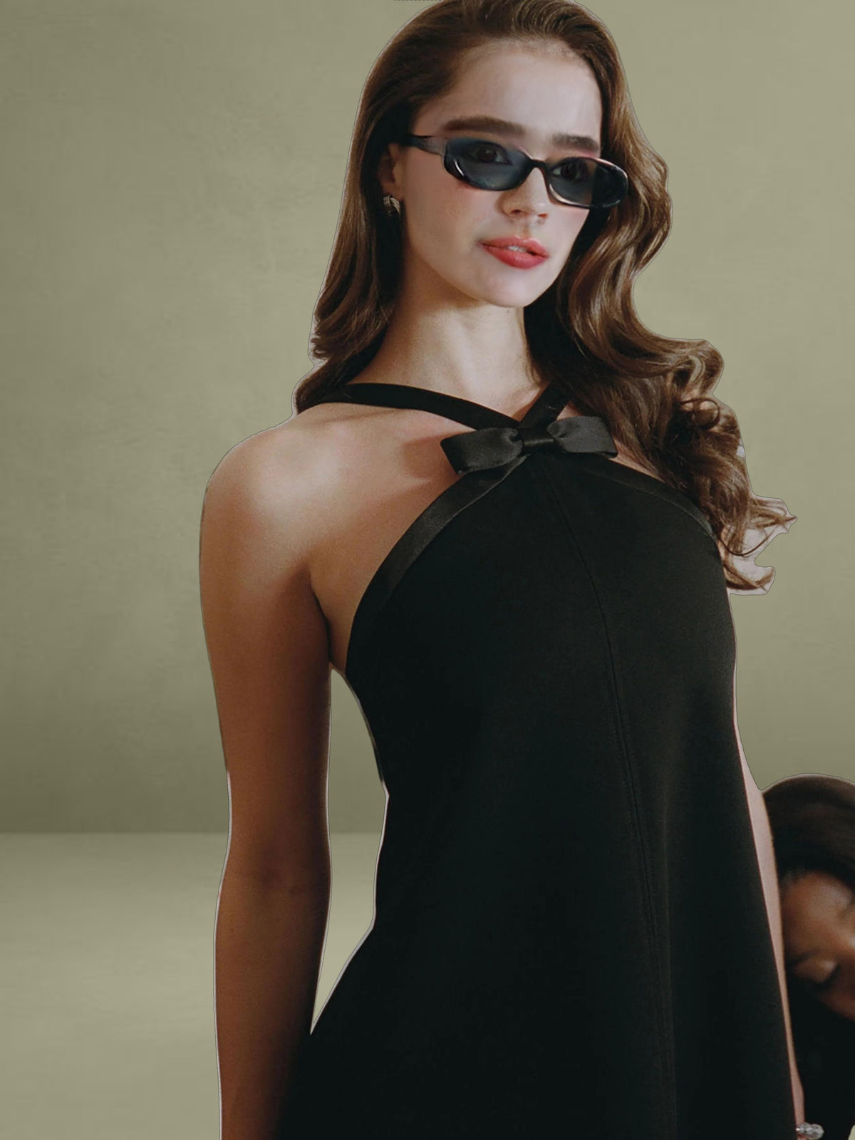 Black Satin Trim Mini Dress with Bow