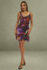 Multi Abstract Bodycon Dress Ruffle Hem Mini Mesh