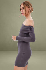 Grey Off Shoulder Dress Ribbed Long Sleeve Mini Bodycon