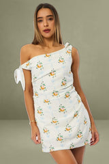White Floral Bodycon Dress Tie Up Shoulder