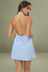 Blue Check Halter Neck Mini Dress