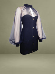 Tabitha Navy Blue Mesh Lantern Sleeve Mini Dress