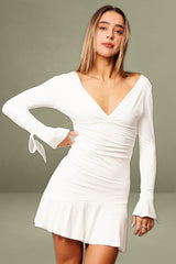 White Flared Sleeve Deep V-Neck Dress