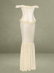 Ersilia Pale Yellow Satin Lace Peplum Corset Off Shoulder Maxi Dress