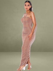 Rose Gold Ruched Chiffon Long Maxi Dress