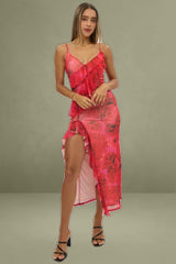 Red Floral Bodycon Ruffle Mesh Dress