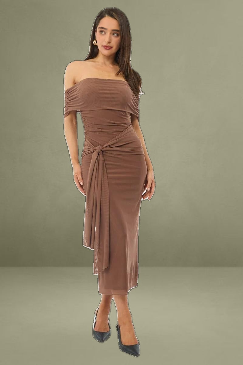 Brown Bodycon Dress Off Shoulder Mesh