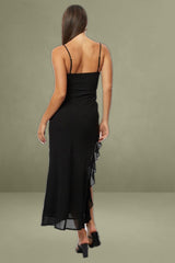 Black Bodycon Dress Maxi Ruffle Slit Chiffon