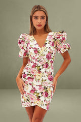 White Floral Mini Dress Puff Sleeve V-Neck