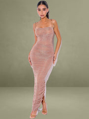Rose Gold Ruched Chiffon Long Maxi Dress