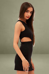 Black Mini Dress Sleeveless Round Neck Cut Out