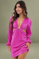 Purple Plisse Dress Plunging Ring Detail Balloon Sleeve