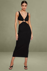 Black Midi Dress Ribbed Cut Out