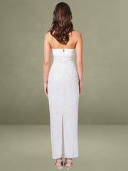 Lainey White Satin Sequin Pearls Beaded Maxi Dress