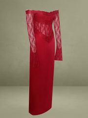 Red Lace Satin Corset Maxi Dress